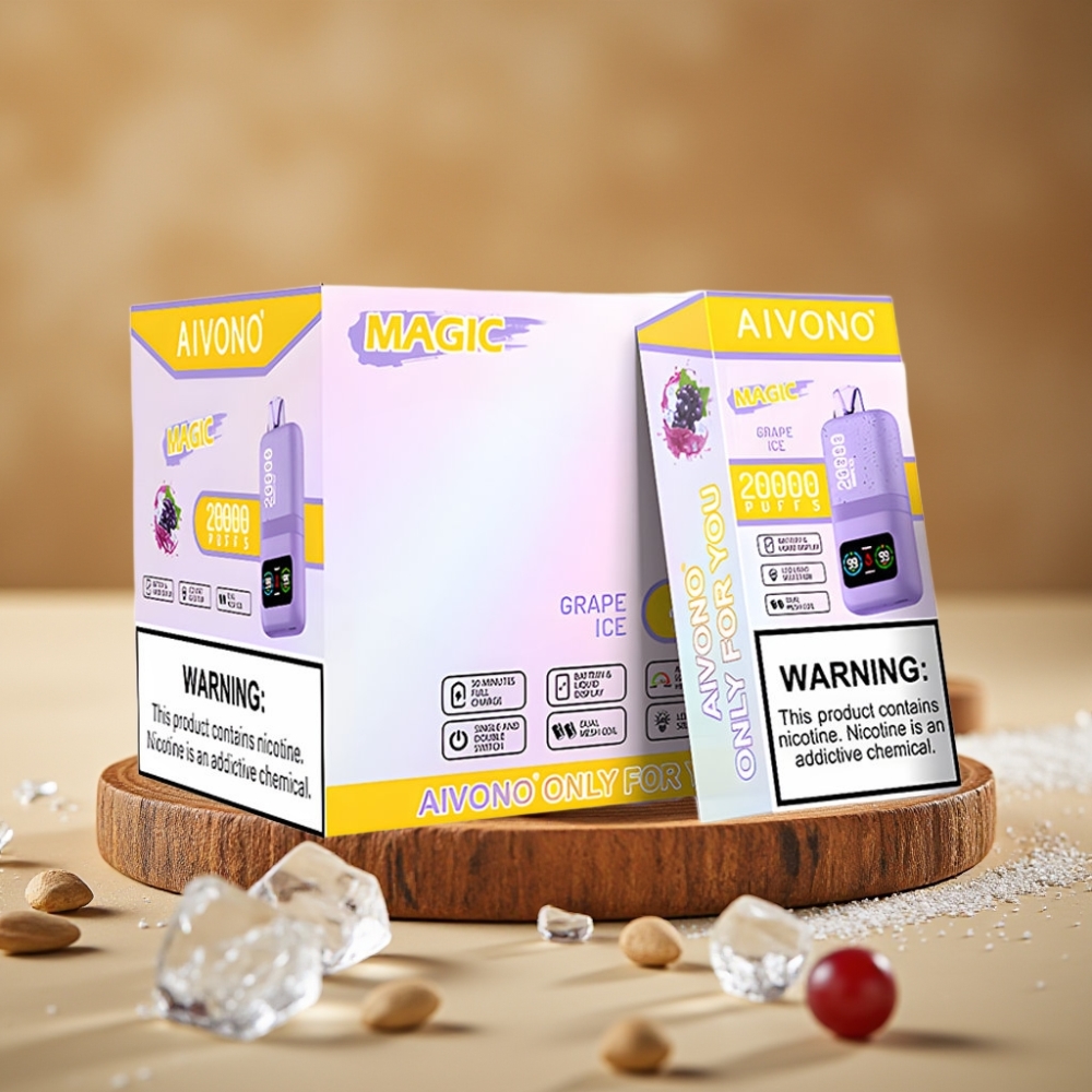 Aivono AIM MAGIC 20000 Puffs com 26ml de E-líquido, Bobinas Duplas Mesh, Bateria 600mAh e Sabor Uva Gelo