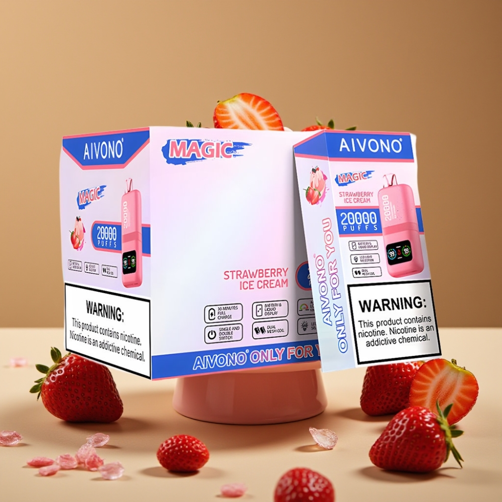 Aivono AIM MAGIC 20000 Puffs com 26ml de E-líquido, Bobinas Duplas Mesh e Sabor Sorvete de Morango