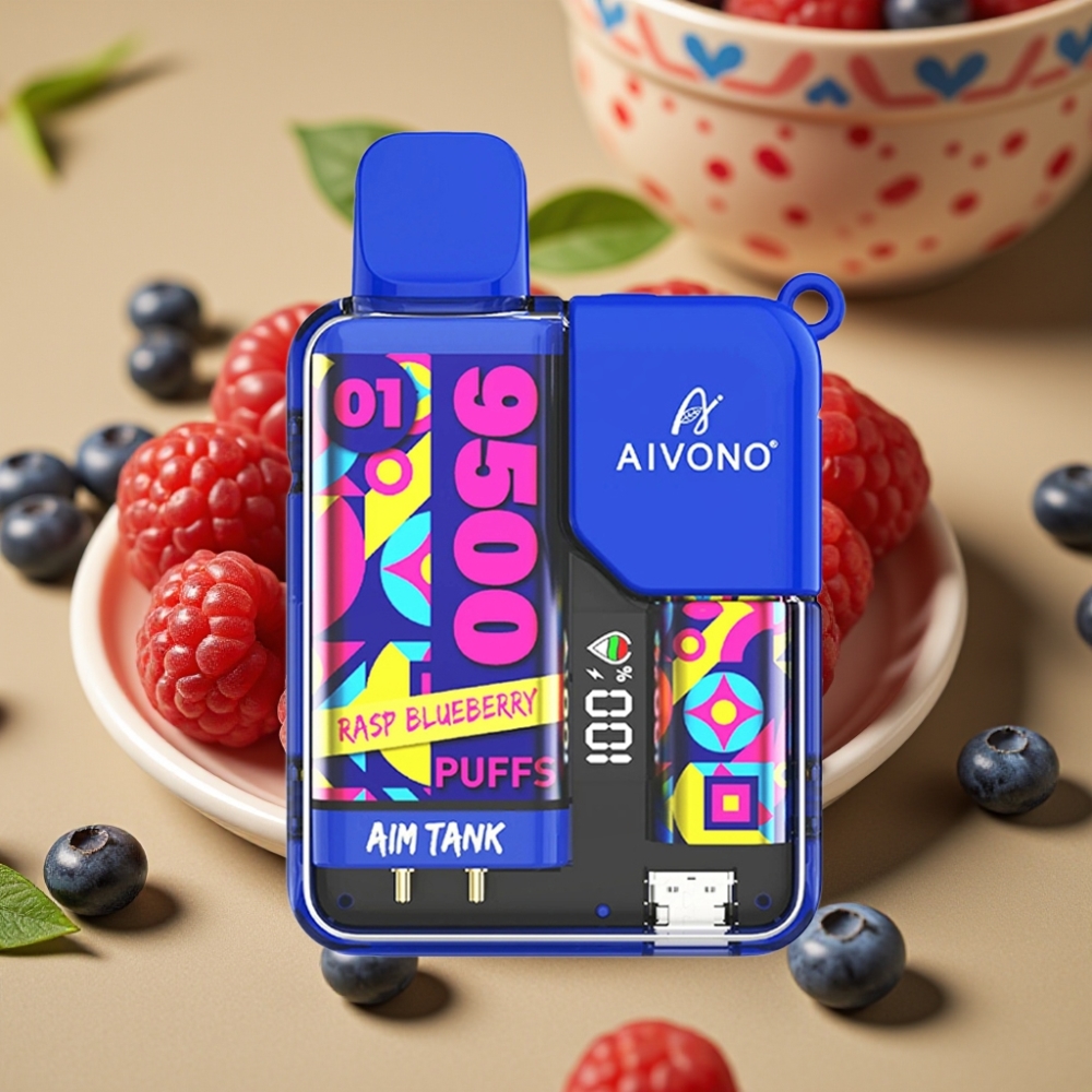 Aivono AIM-TANK 9500 Puffs com 18ml E-líquido, Bateria 650mAh, Tela LCD e Sabor Framboesa Mirtilo Azul