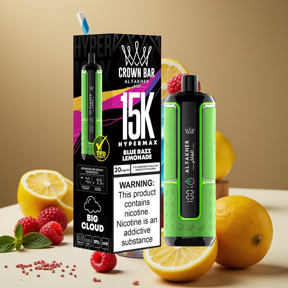 Al Fakher Crown Bar 15K Hypermax Disposable Vape Kit Blue Razz Lemonade – 22ml, 15K Puffs, 6mg/ml