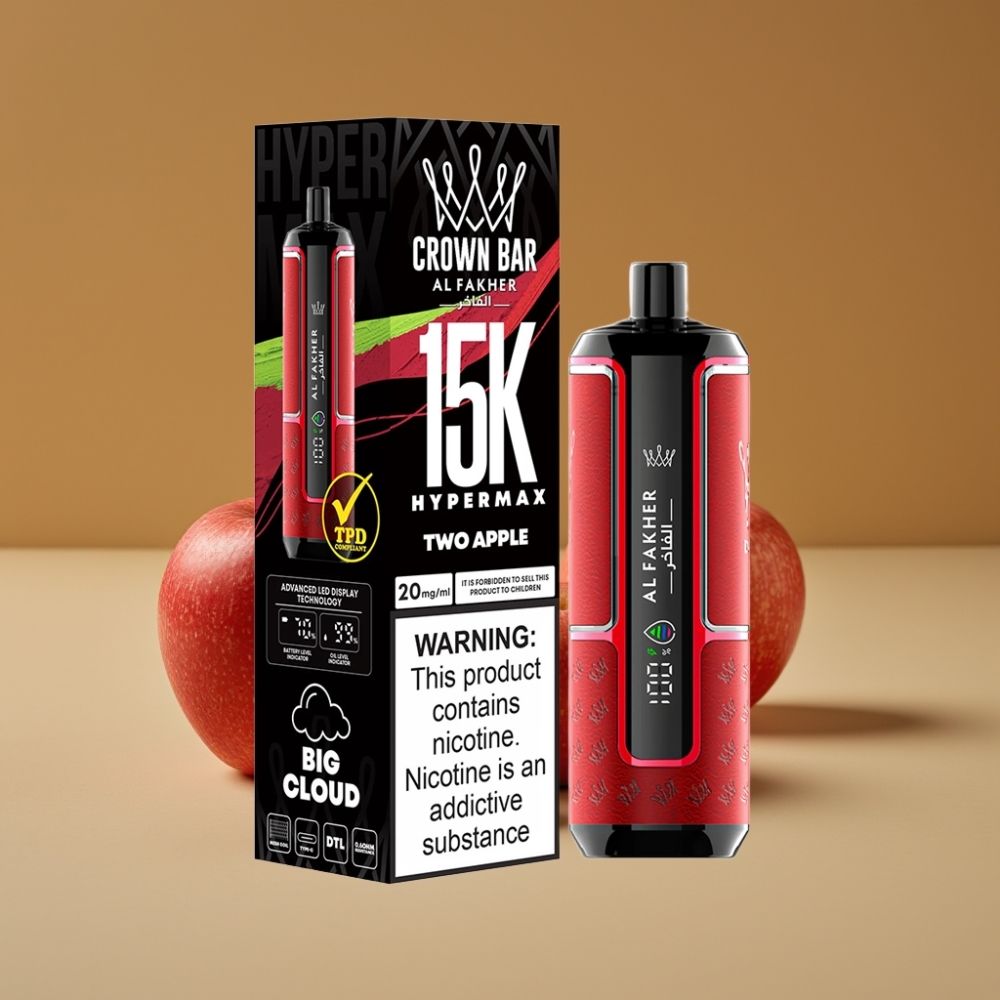 Al Fakher Crown Bar 15K Hypermax Vape Descartável - 22ml, 15.000 Tragos, 6mg/ml, Dois Sabores de Maçã
