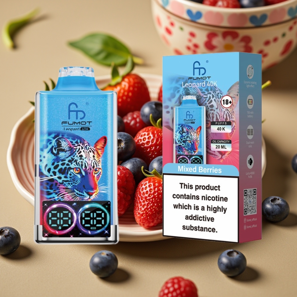 Fumot Leopard 40K Puffs Vape Descartável - Frutas Vermelhas, 0-5% Nicotina, 700mAh, Dual Mesh, Tipo-C