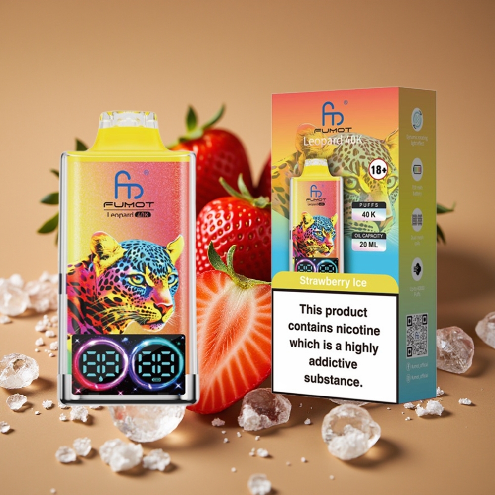 Fumot Leopard 40K Puffs Vape Descartável Morango Gelo – 5% Nicotina, Bateria 700mAh, Dual Mesh, Tipo-C
