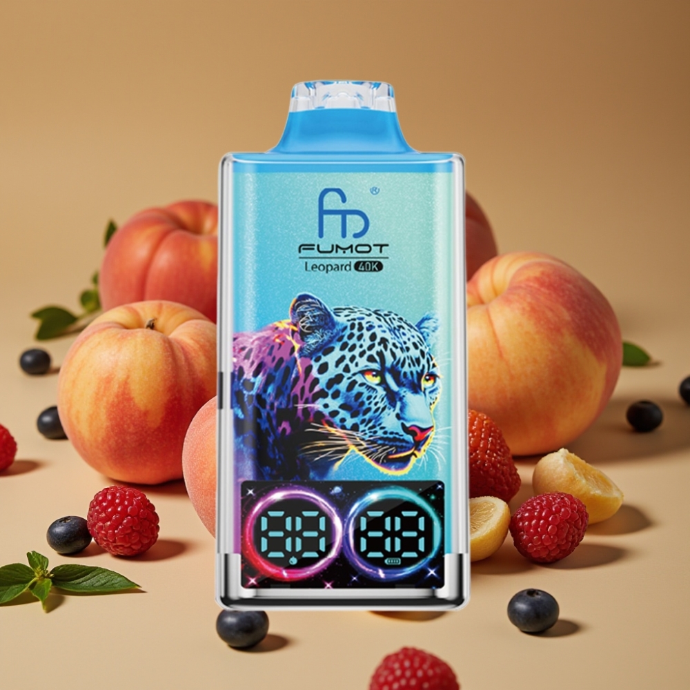 Fumot Leopard 40K Puffs Vape Descartável - Pêssego e Frutas Vermelhas, 5% Nicotina, 700mAh, Dual Mesh, Tipo-C
