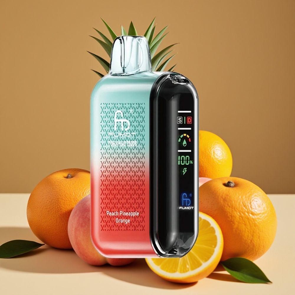 Fumot Tornado 20000 Puffs Descartável Sabor Pêssego Abacaxi Laranja com Bateria 850mAh e Display Inteligente