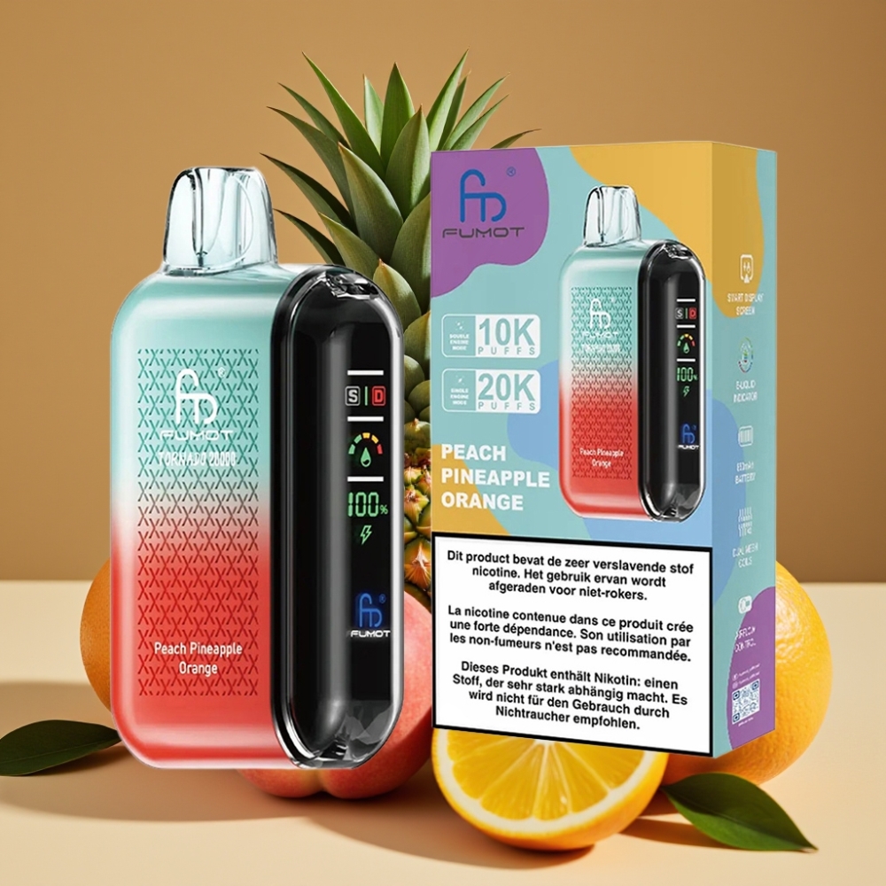 Fumot Tornado 20000 Puffs Descartável Sabor Pêssego Abacaxi Laranja com Bateria 850mAh e Display Inteligente