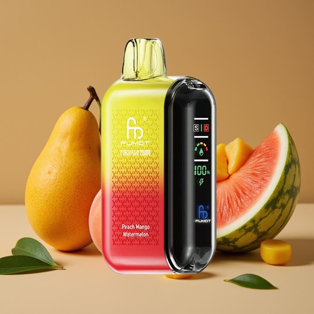Fumot Tornado 20000 Puffs Recarregável com Bateria 850mAh e Sabor Pêssego Manga Melancia