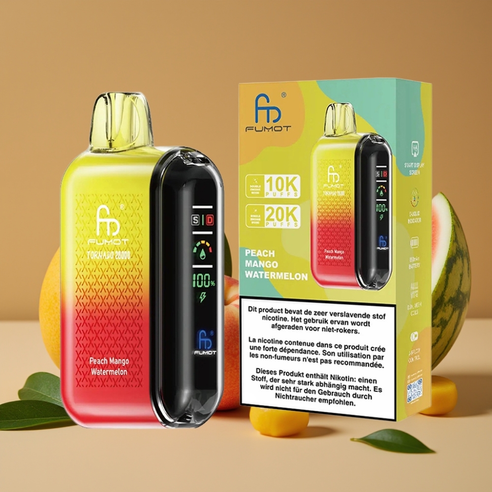 Fumot Tornado 20000 Puffs Recarregável com Bateria 850mAh e Sabor Pêssego Manga Melancia