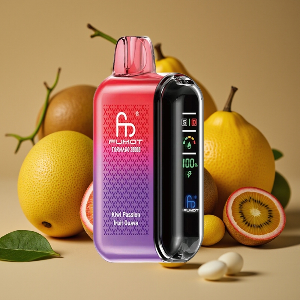 Fumot Tornado 20000 Puffs Vape Descartável Kiwi Maracujá Goiaba com Bateria 850mAh e Display Inteligente
