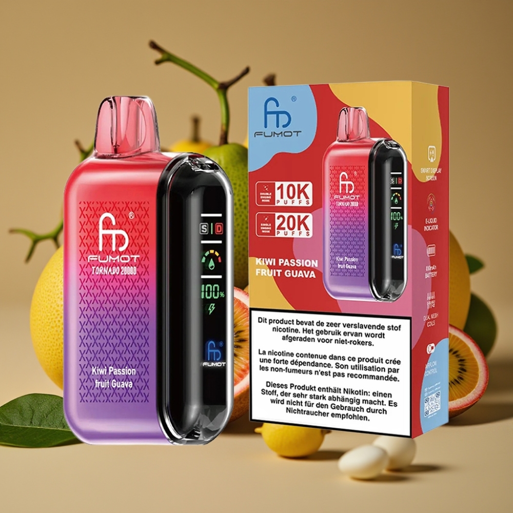 Fumot Tornado 20000 Puffs Vape Descartável Kiwi Maracujá Goiaba com Bateria 850mAh e Display Inteligente