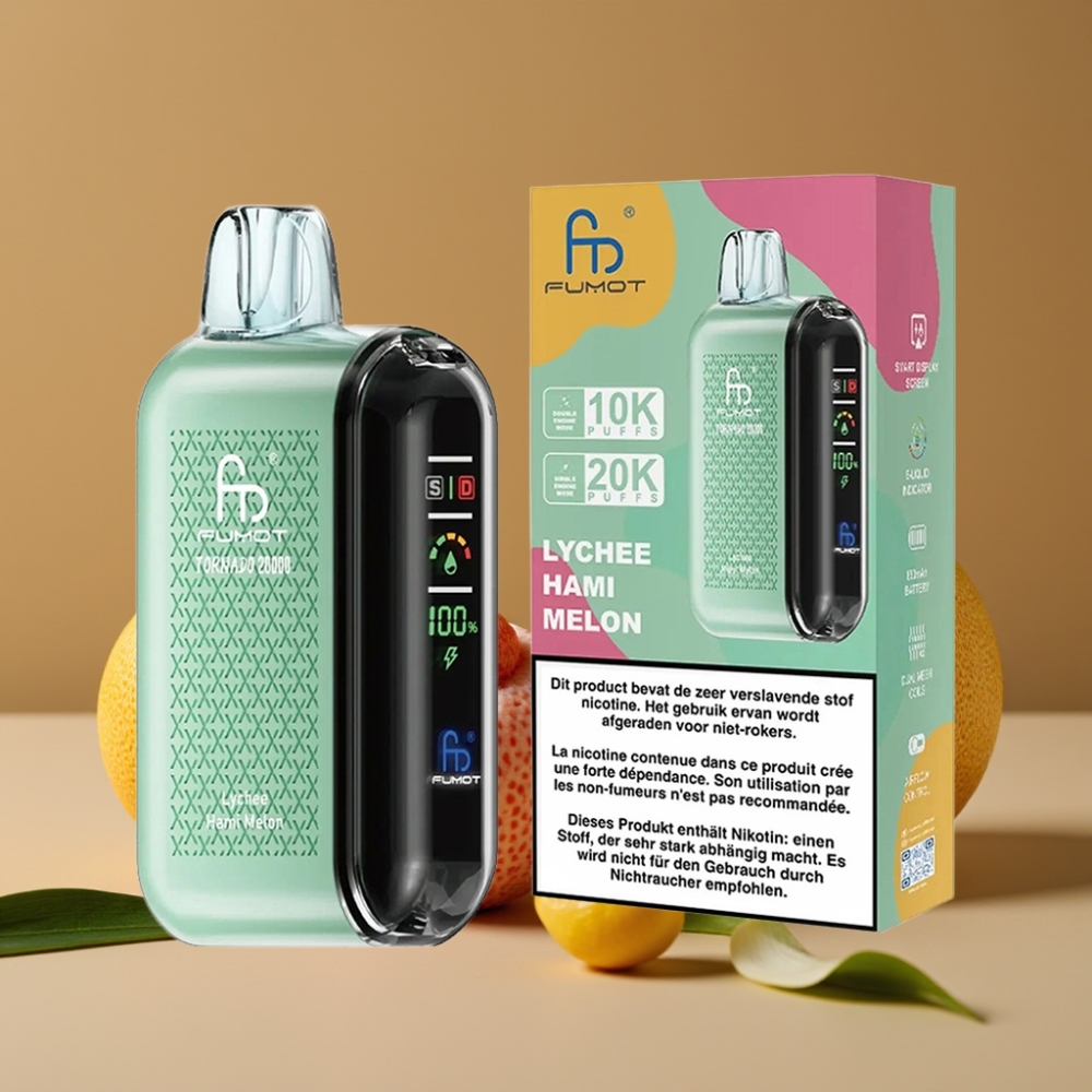 Fumot Tornado 20000 Puffs Vape Descartável Lichia Melão com Bateria 850mAh e Controle de Fluxo de Ar