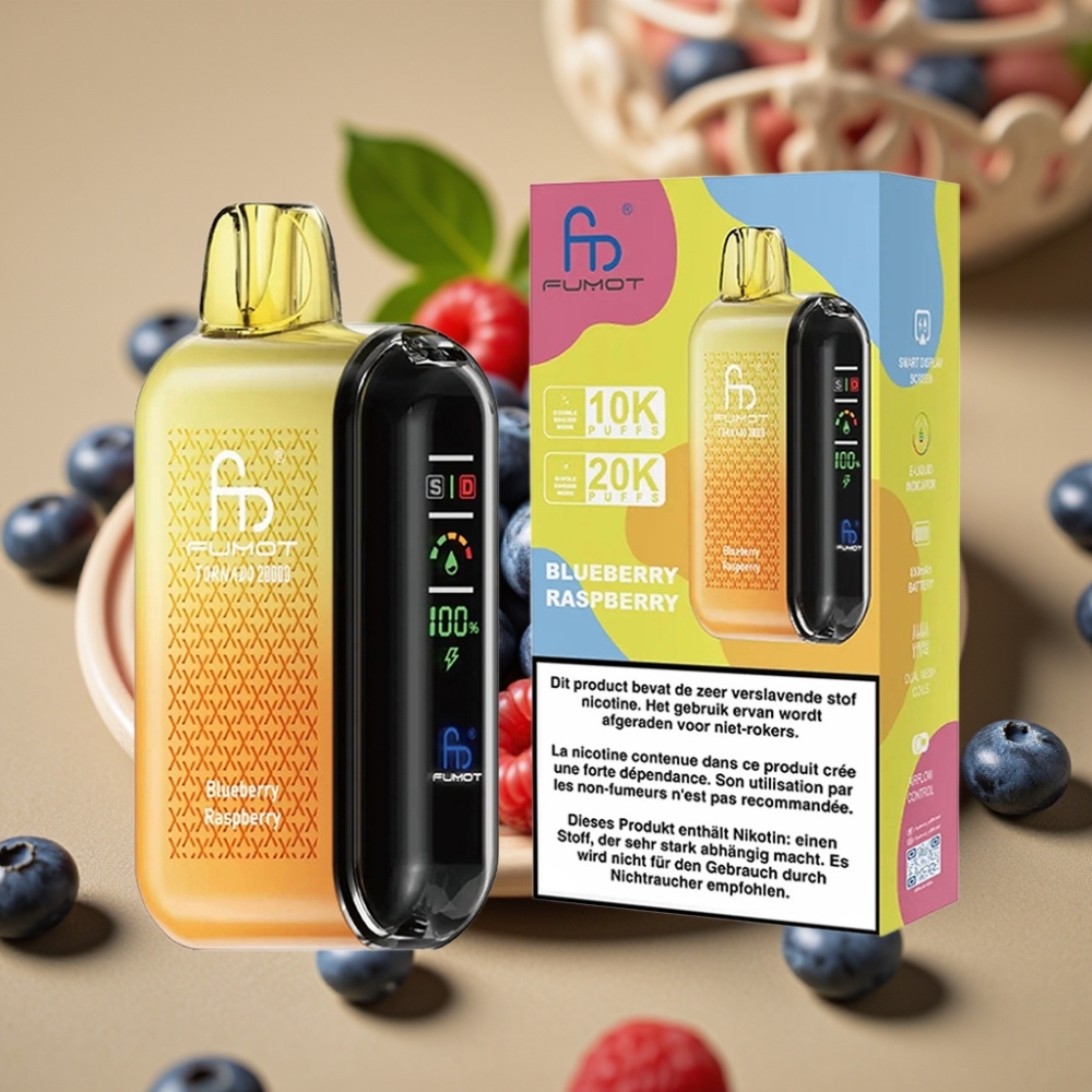 Fumot Tornado 20000 Puffs Vape Descobrável Mirtilo Framboesa com Bateria 850mAh e Display Inteligente