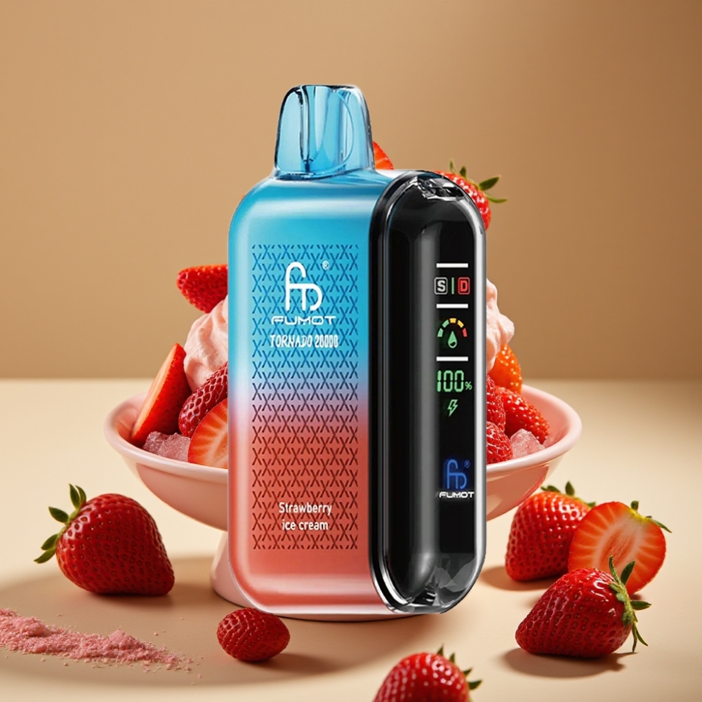 Fumot Tornado 20000 Puffs Vape Descobrável Morango Sorvete com Bateria 850mAh e Display Inteligente