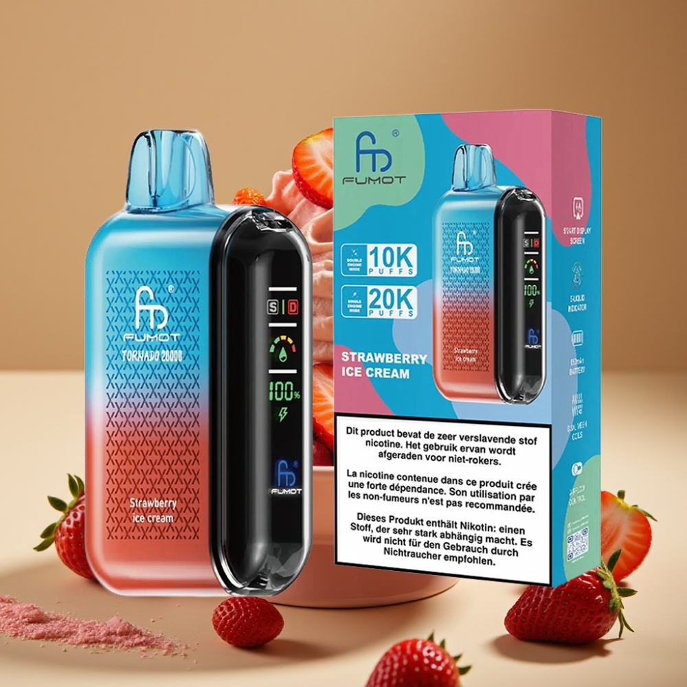 Fumot Tornado 20000 Puffs Vape Descobrável Morango Sorvete com Bateria 850mAh e Display Inteligente