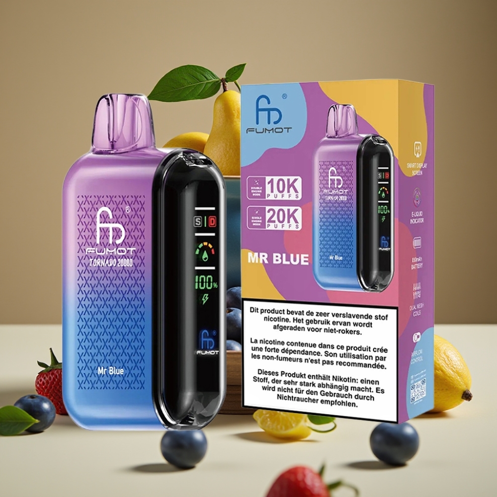 Fumot Tornado 20000 Puffs Vape Recarregável com Bateria 850mAh e Tela Inteligente Mr Azul