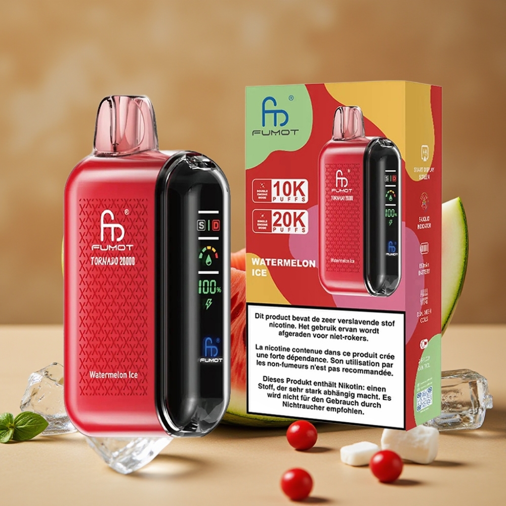 Fumot Tornado 20000 Puffs Vaporizador Descartável Melancia Gelada com Bateria Recarregável 850mAh e Display Inteligente