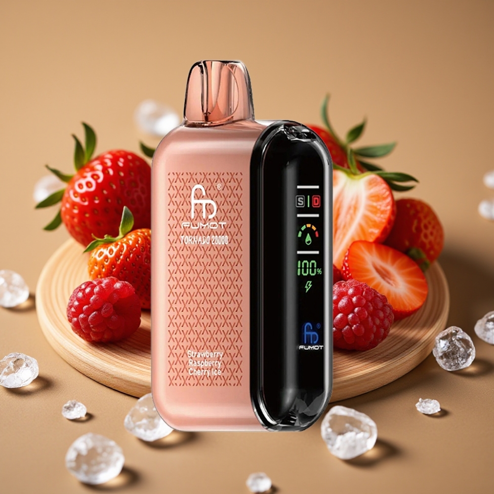 Fumot Tornado 20000 Puffs com Sabor Morango Framboesa Cereja Gelo, Bateria 850mAh, Display Inteligente e Controle de Fluxo de Ar