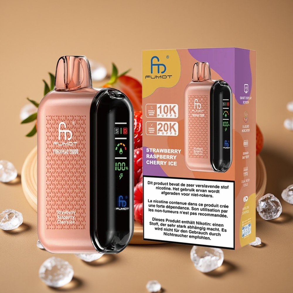 Fumot Tornado 20000 Puffs com Sabor Morango Framboesa Cereja Gelo, Bateria 850mAh, Display Inteligente e Controle de Fluxo de Ar