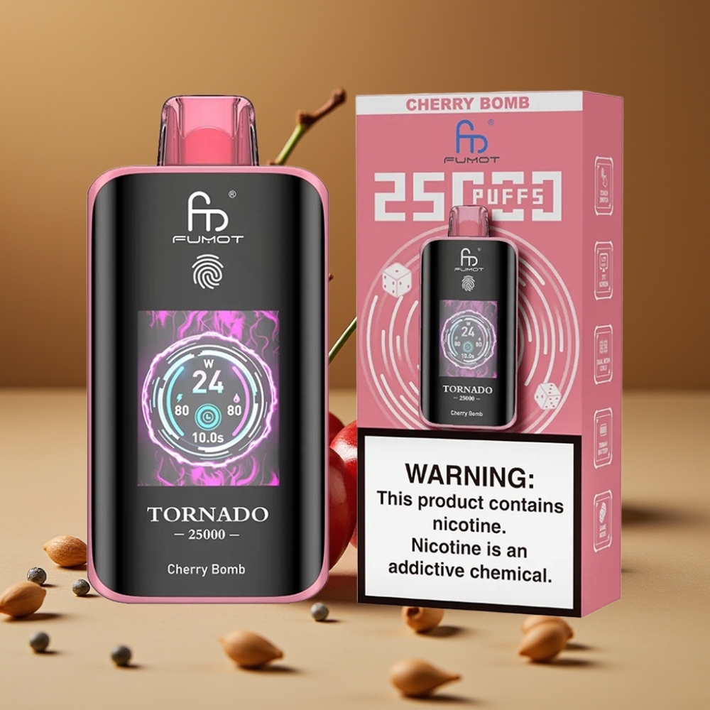 Fumot Tornado 25000 Puffs E-Cigarro Descartável Bateria 700mAh Tela HD Cherry Bomb