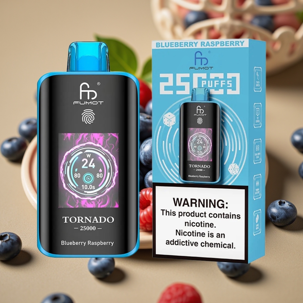 Fumot Tornado 25000 Puffs Eletrônico Descartável Tela HD 20ml Mirtilo Framboesa