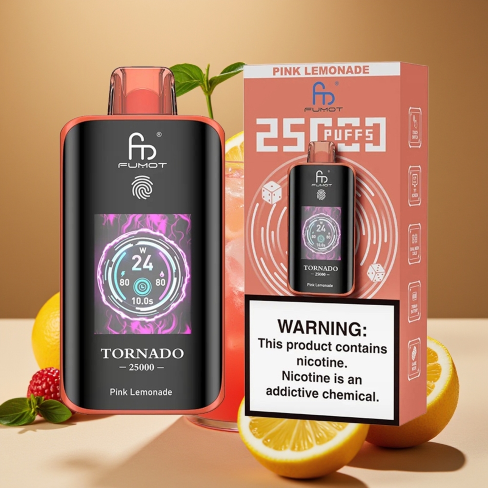 Fumot Tornado 25000 Puffs Vape Limonada Rosa com Tela HD, Bateria 700mAh e 20ml