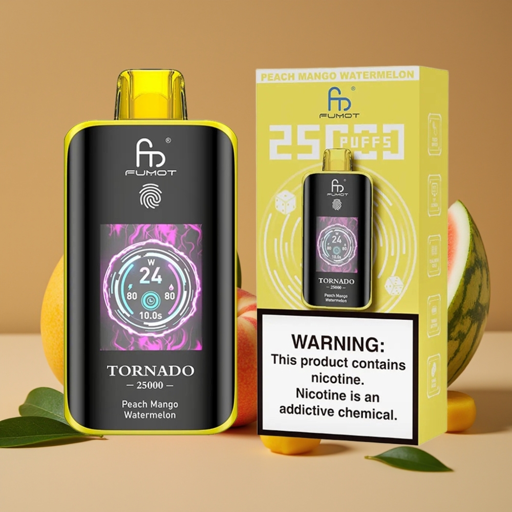 Fumot Tornado 25000 Puffs Vape Pêssego Manga Melancia - Tela HD, 700mAh, Tipo-C