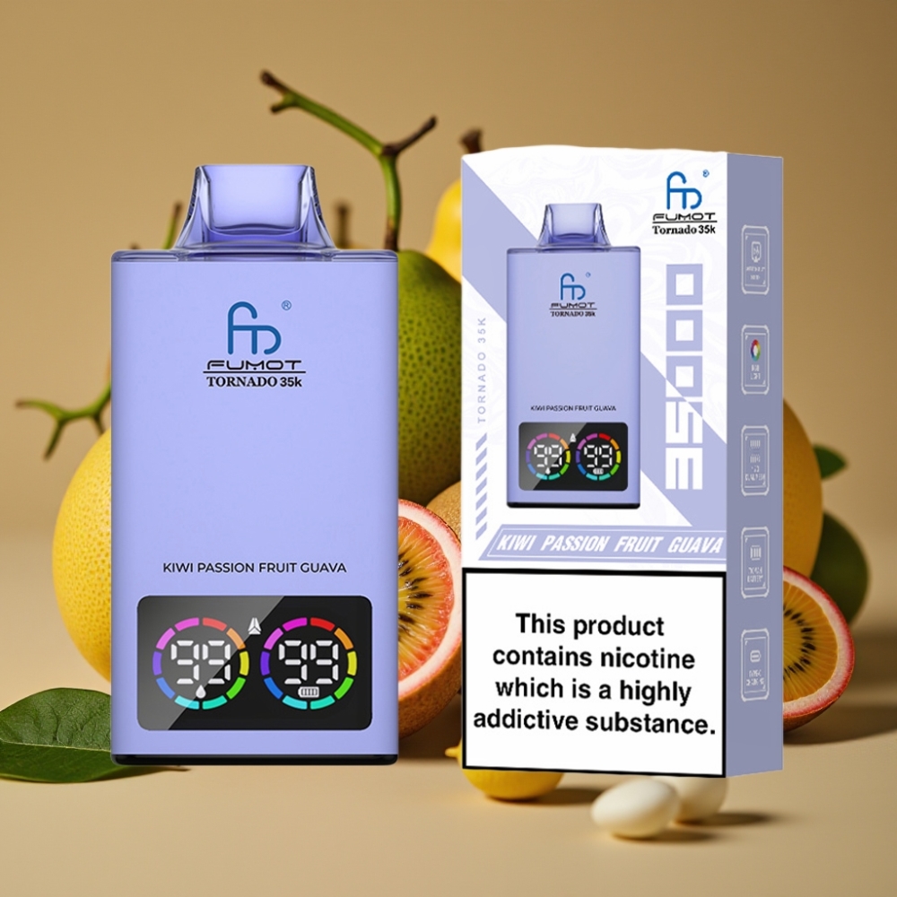 Fumot Tornado 35K Vape Descartável com Bobina Dupla Mesh, Luzes RGB e Kiwi Maracujá Goiaba