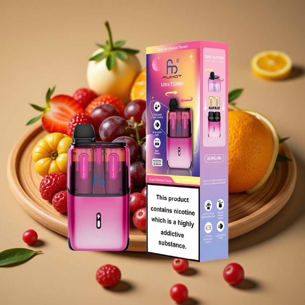 Fumot Ultra T32000 Disposable Vape Gotas Arco-Íris de Uva - Morango Arco-Íris, 32000 Tragadas, 24ml, Carga Rápida Type-C
