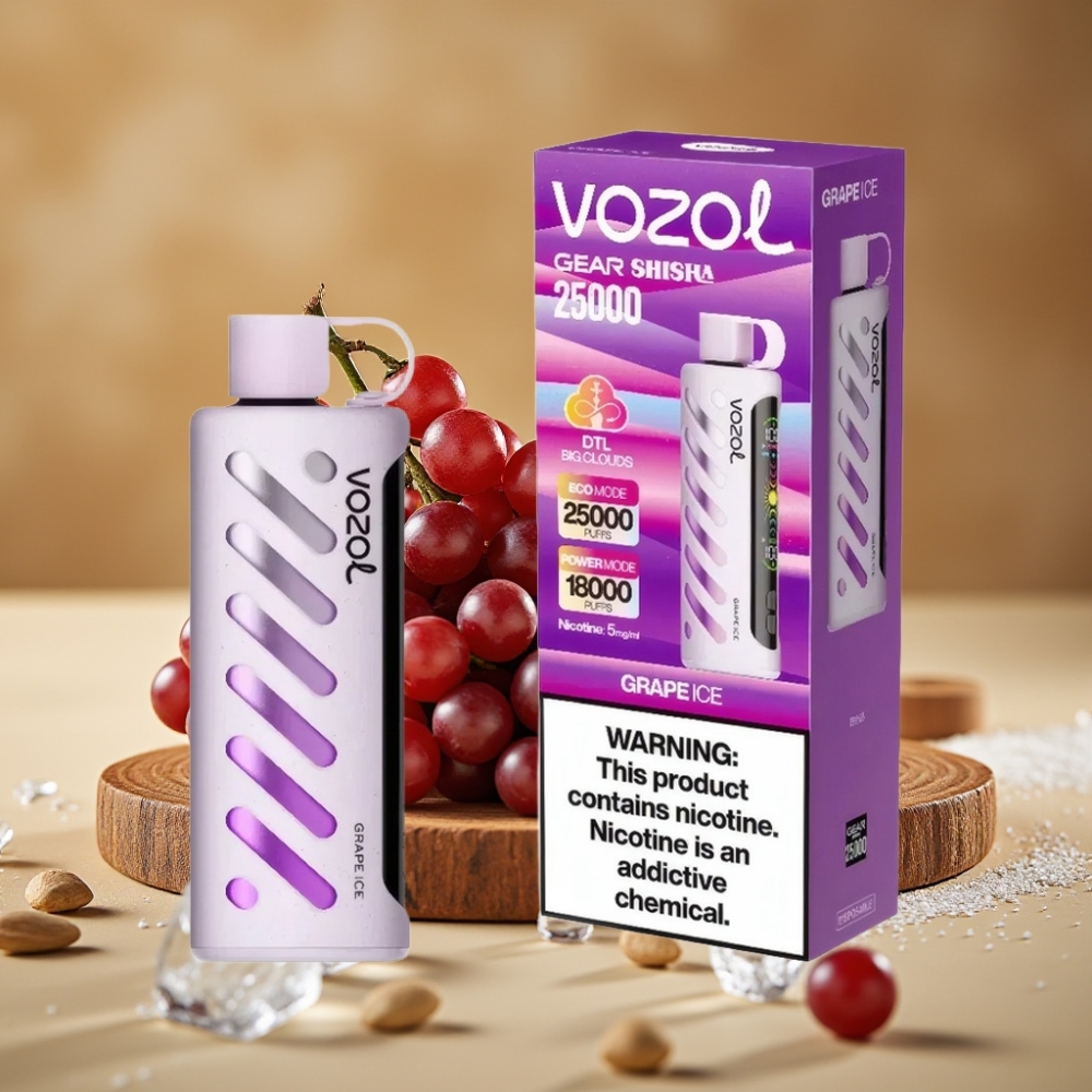 VOZOL Gear Shisha 25000 Puffs com 30 Sabores, Bateria 1000mAh e 5mg/ml - Uva Gelo