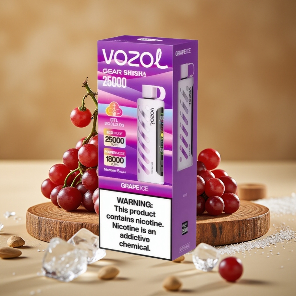 VOZOL Gear Shisha 25000 Puffs com 30 Sabores, Bateria 1000mAh e 5mg/ml - Uva Gelo