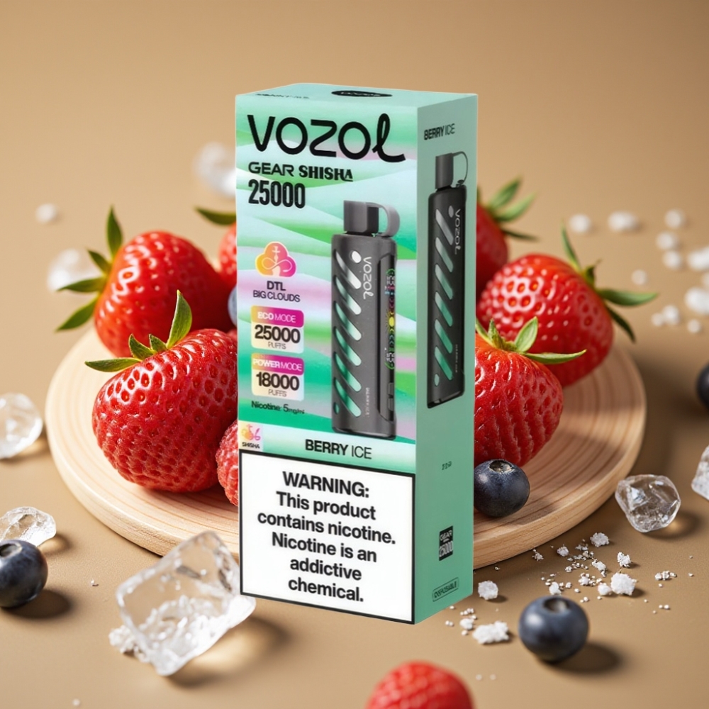VOZOL Gear Shisha 25000 Puffs com 30 Sabores, S.i.L.C Tech, Bateria 1000mAh, 5mg/ml - Gelado com Frutas Vermelhas