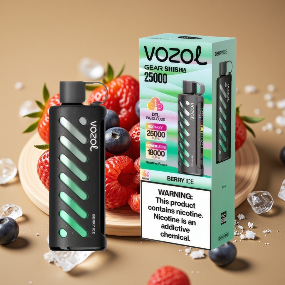 VOZOL Gear Shisha 25000 Puffs com 30 Sabores, S.i.L.C Tech, Bateria 1000mAh, 5mg/ml - Gelado com Frutas Vermelhas