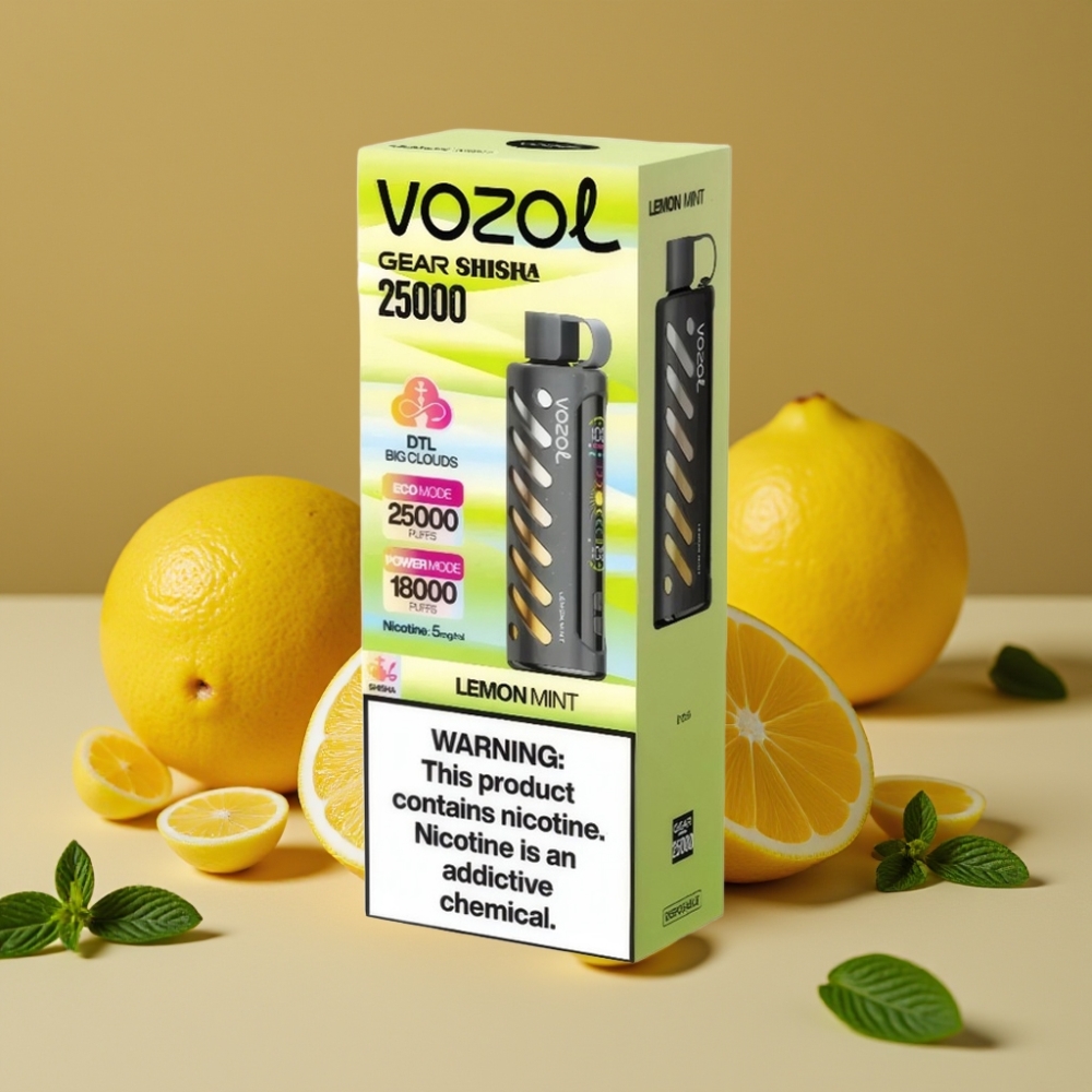 VOZOL Gear Shisha 25000 Puffs com 30 Sabores, S.i.L.C Tech, Bateria 1000mAh, 5mg/ml - Limão Menta