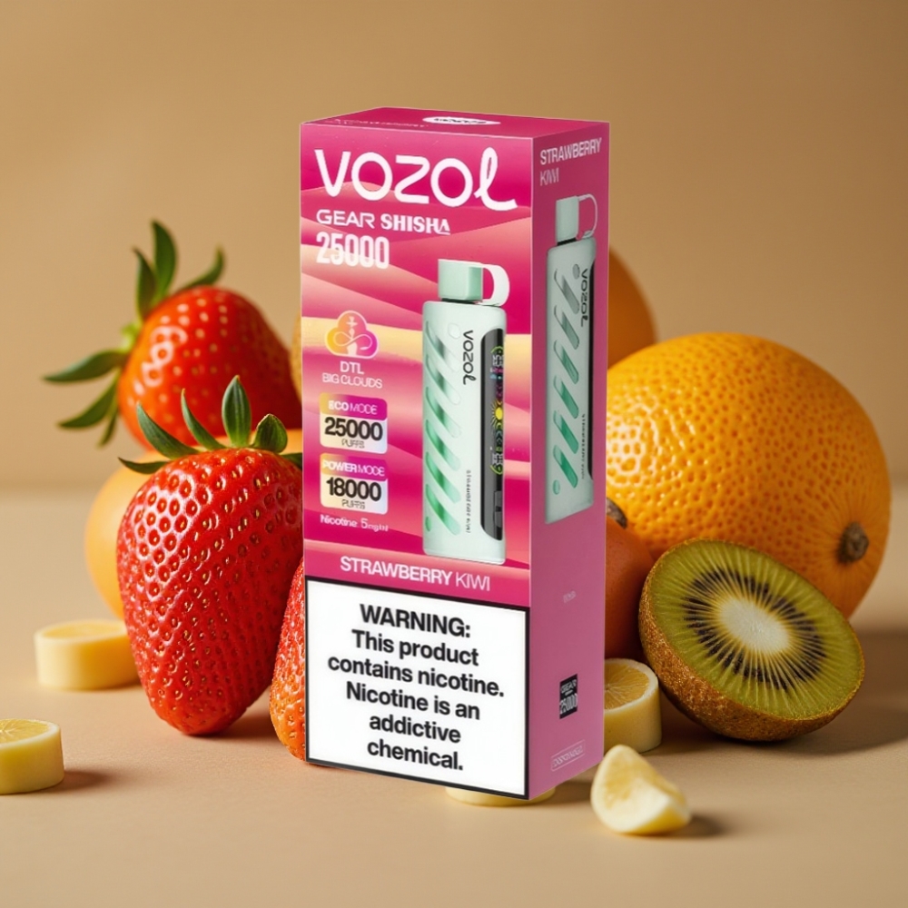 VOZOL Gear Shisha 25000 Puffs com 30 Sabores, S.i.L.C Tech, Bateria 1000mAh e 5mg/ml - Morango Kiwi