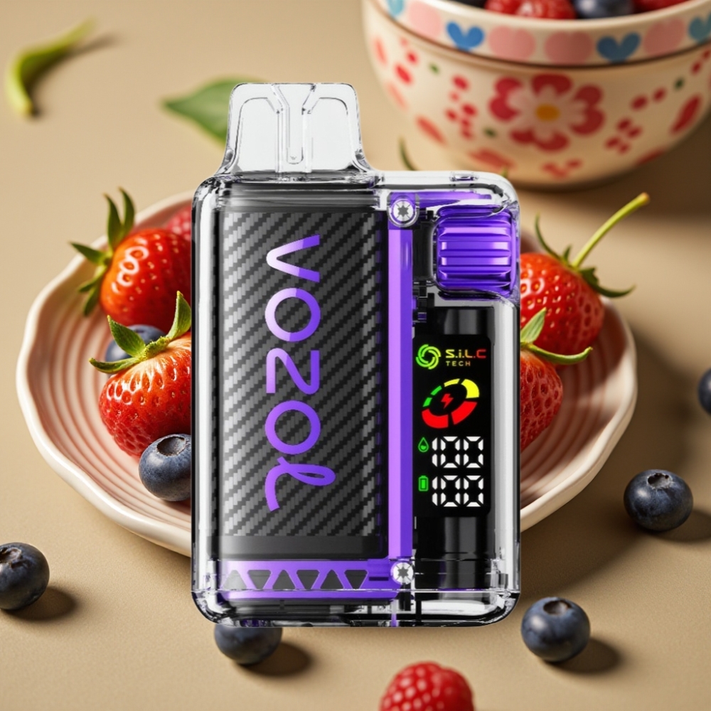 VOZOL Vista 20000 Puffs Recarregável: Bateria 650mAh, Resistência 2%, Tela OLED, S.i.L.C Tech Dual Mesh, Material PCR 65%, Sabor Frutas Silvestres