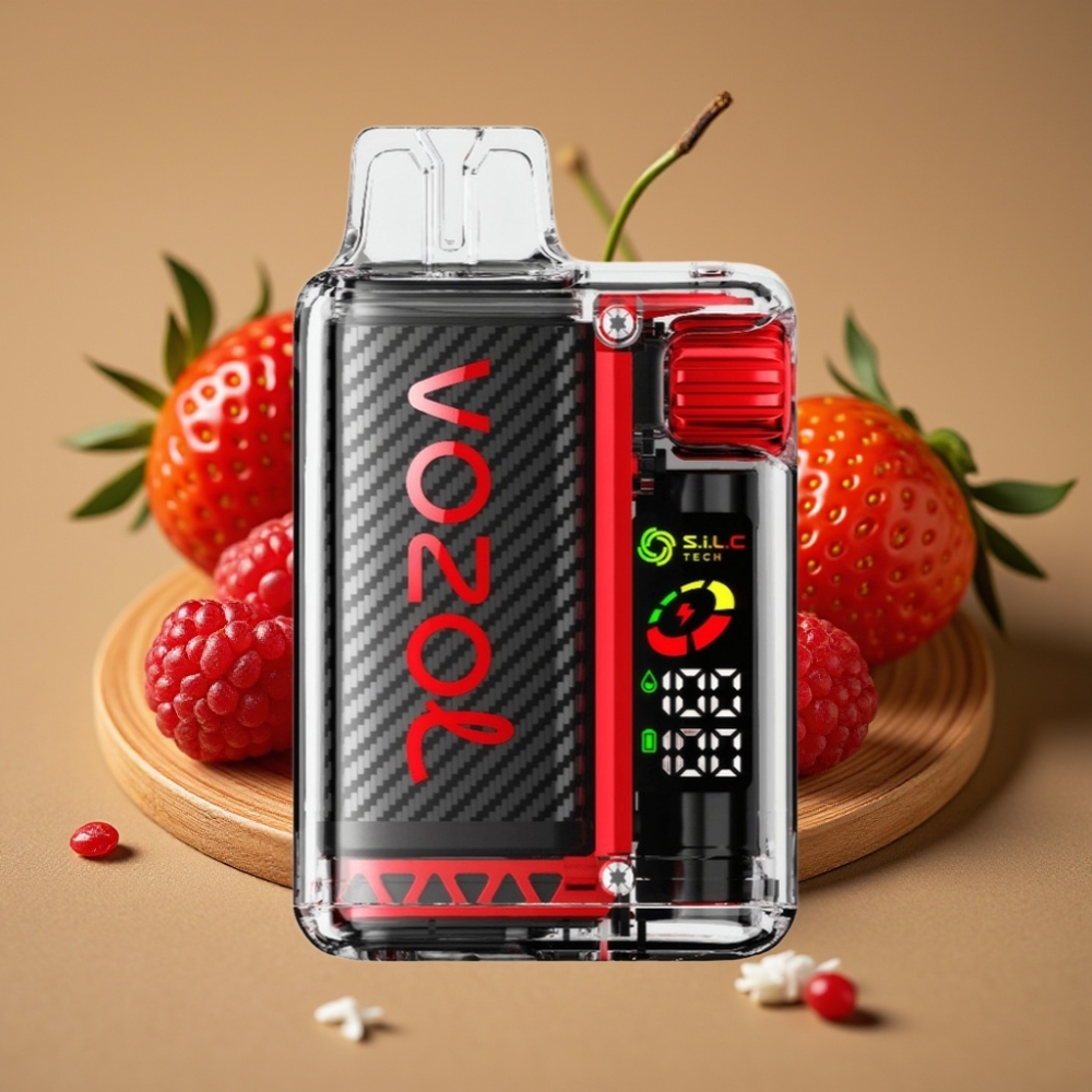 VOZOL Vista 20000 Puffs Recarregável: Bateria 650mAh, Resistência 2%, Tela OLED, Sabor Morango Framboesa Cereja