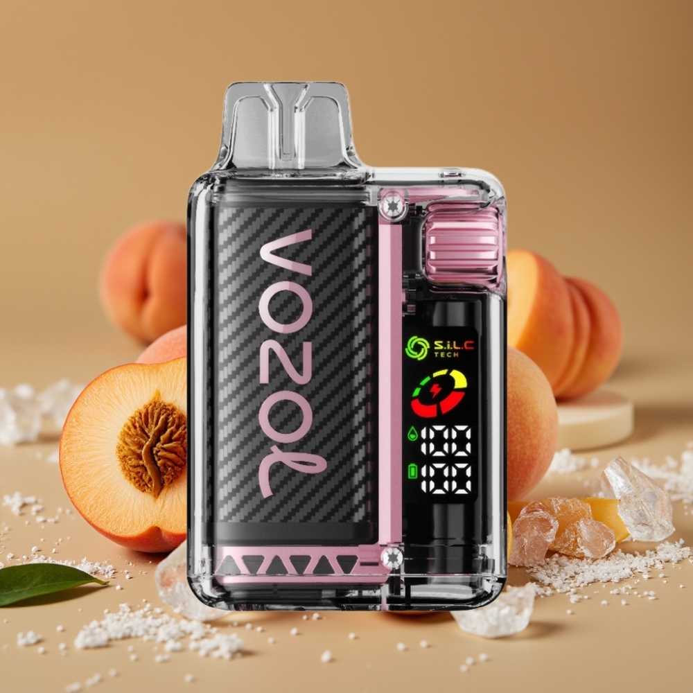 VOZOL Vista 20000 Puffs Recarregável: Bateria 650mAh, Resistência 2%, Tela OLED, Sabor Pêssego Gelado